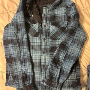 Teddy-Lined Plaid Shacket Jacket - Blue